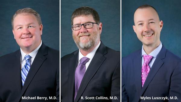 spine physicians Michael Berry, Scott Collins, and Myles Luszczyk headshots